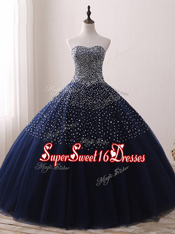 Amazing Navy Blue Vestidos de Quinceanera Prom and Party and Military Ball and Sweet 16 and Quinceanera with Beading Sweetheart Sleeveless Lace Up