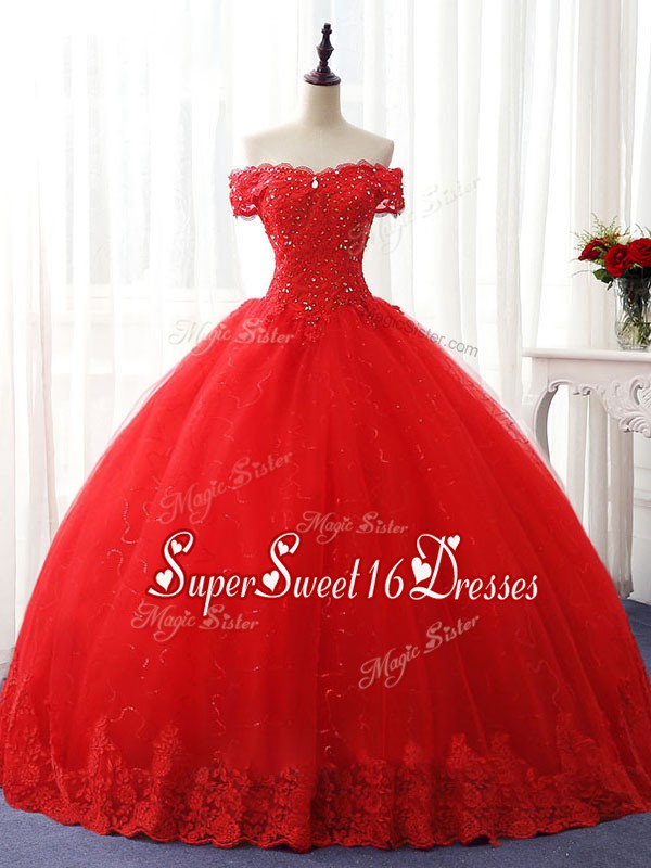  Ball Gowns Vestidos de Quinceanera Red Off The Shoulder Tulle Sleeveless Floor Length Lace Up