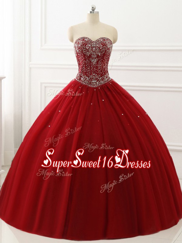 Sweet Tulle Sweetheart Sleeveless Lace Up Beading Sweet 16 Dresses in Wine Red