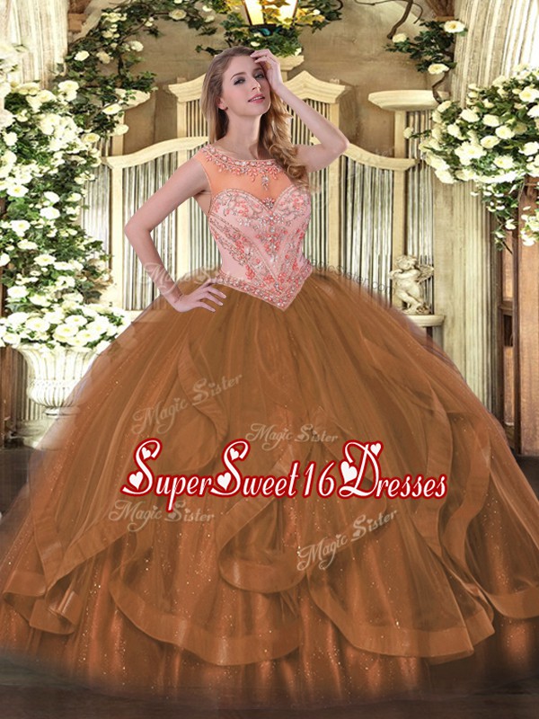 Fashionable Brown Sleeveless Beading and Ruffles Floor Length Quinceanera Gown