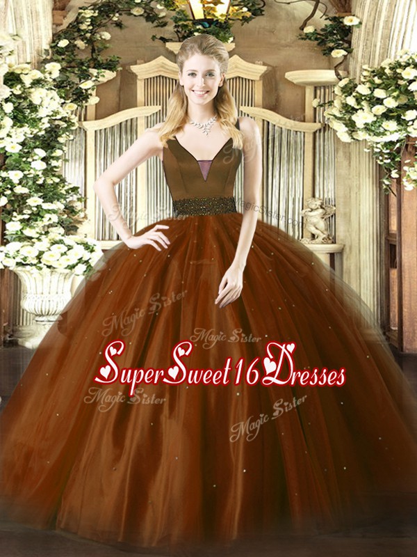  Sleeveless Tulle Floor Length Zipper 15 Quinceanera Dress in Brown with Beading