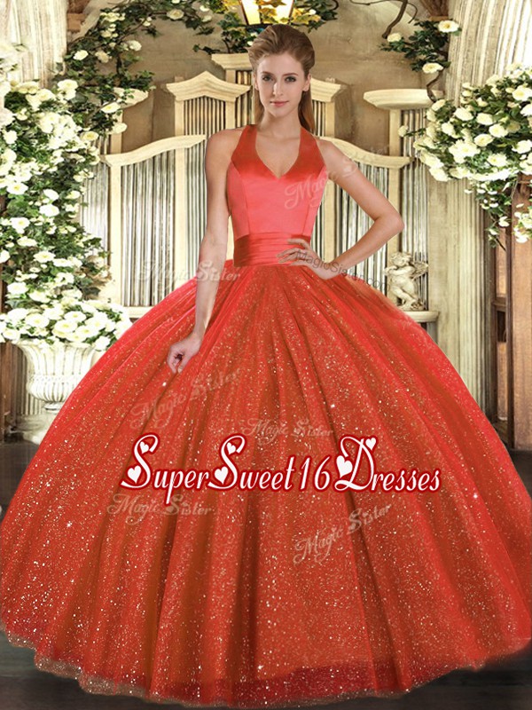  Sleeveless Floor Length Sequins Lace Up Quinceanera Dresses with Rust Red