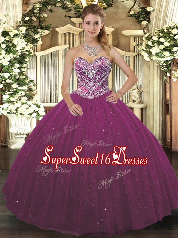 High End Sweetheart Sleeveless Tulle Ball Gown Prom Dress Beading Lace Up