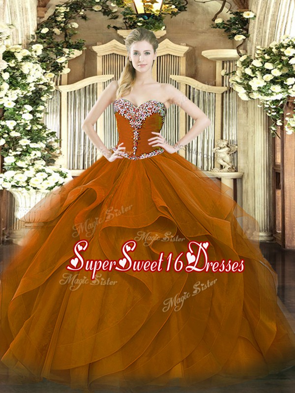 High End Brown Quinceanera Dress Military Ball and Sweet 16 and Quinceanera with Beading and Ruffles Sweetheart Sleeveless Lace Up