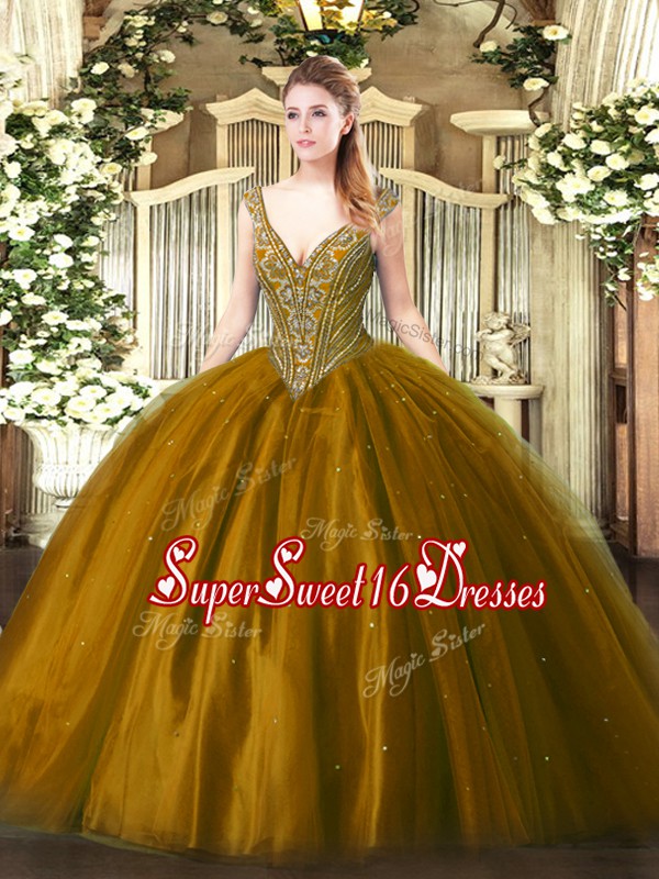 Flirting Brown Ball Gowns Tulle V-neck Sleeveless Beading Floor Length Lace Up Quinceanera Dresses