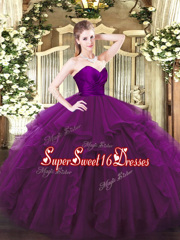 Fancy Floor Length Zipper Quince Ball Gowns Purple for Military Ball and Sweet 16 and Quinceanera with Ruffles