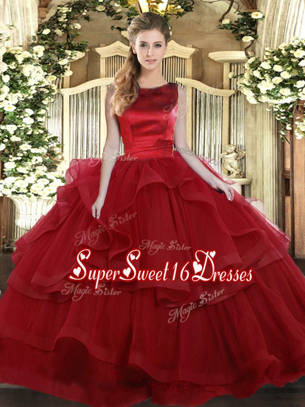 Dynamic Tulle Scoop Sleeveless Lace Up Ruffled Layers Quinceanera Dresses in Wine Red