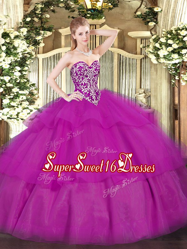 Fancy Floor Length Ball Gowns Sleeveless Fuchsia Sweet 16 Dresses Lace Up