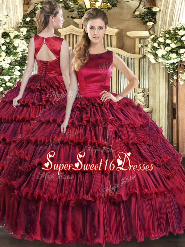  Wine Red Scoop Lace Up Ruffled Layers Quinceanera Dresses Sleeveless