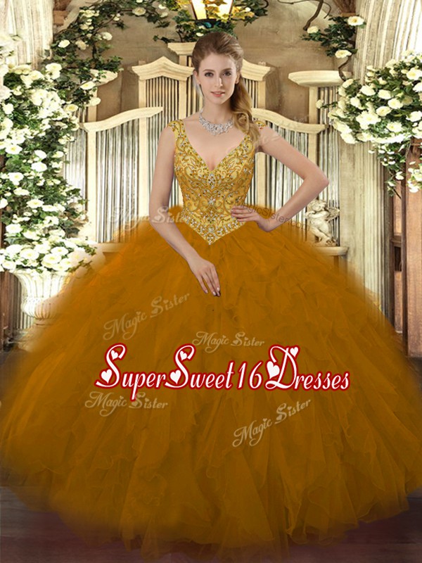 Fabulous Brown Sleeveless Floor Length Beading and Ruffles Zipper Party Dress Wholesale