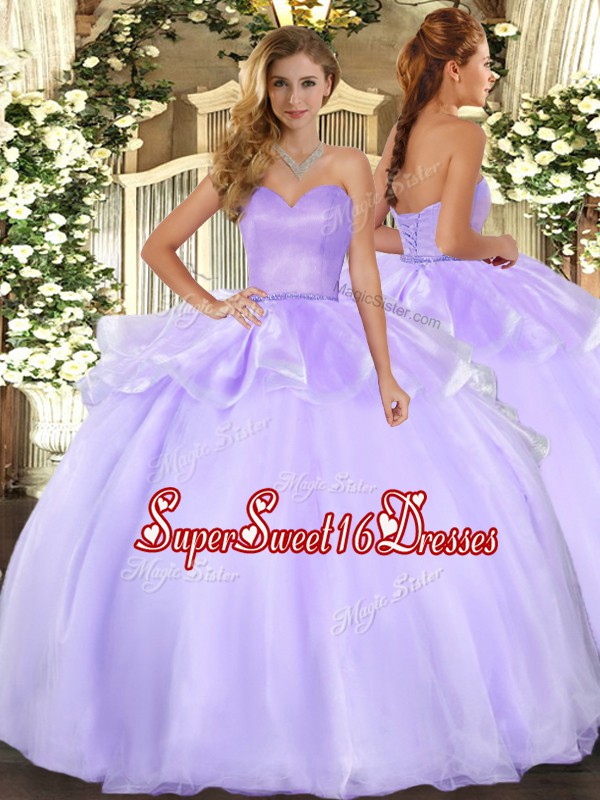 Wonderful Lavender Lace Up Sweet 16 Dresses Beading and Ruffles Sleeveless Floor Length