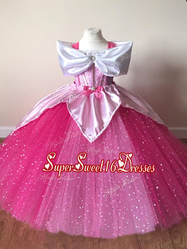 Customized Tulle Off The Shoulder Short Sleeves Zipper Sequins Pageant Gowns For Girls in Fuchsia