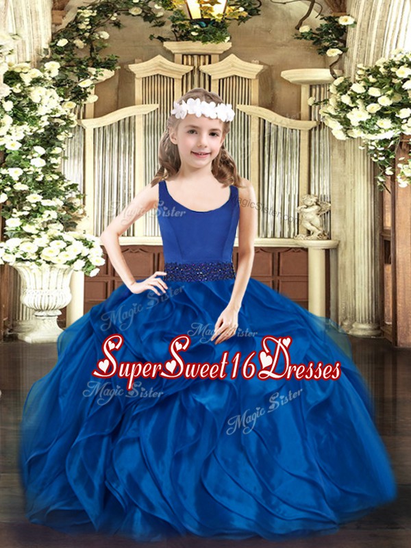  Blue Zipper Little Girls Pageant Dress Beading and Ruffles Sleeveless Floor Length