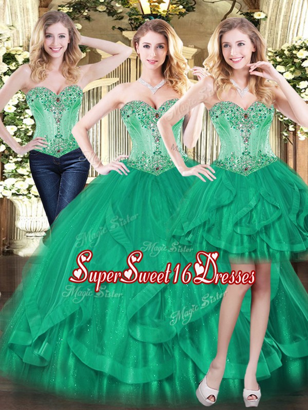  Green Sleeveless Tulle Lace Up Sweet 16 Quinceanera Dress for Military Ball and Sweet 16 and Quinceanera