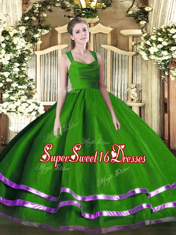  Green Ball Gowns Tulle Straps Sleeveless Ruffled Layers Floor Length Zipper Quince Ball Gowns