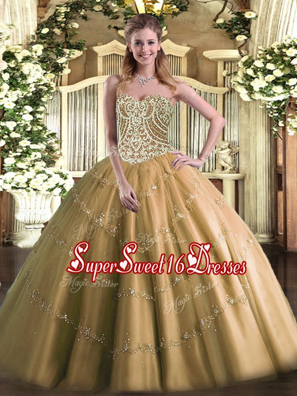Chic Sweetheart Sleeveless Lace Up Quince Ball Gowns Brown Tulle