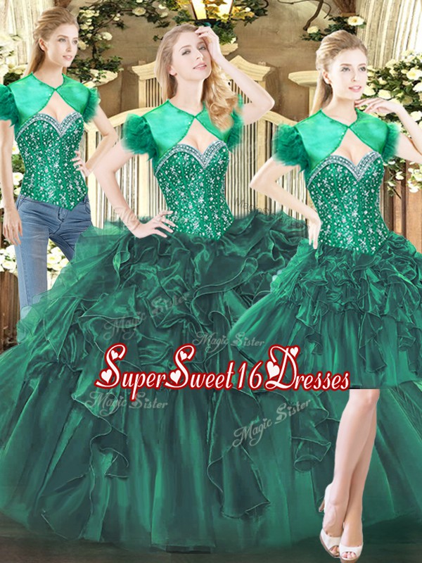 Deluxe Dark Green Sleeveless Tulle Lace Up 15th Birthday Dress for Military Ball and Sweet 16 and Quinceanera