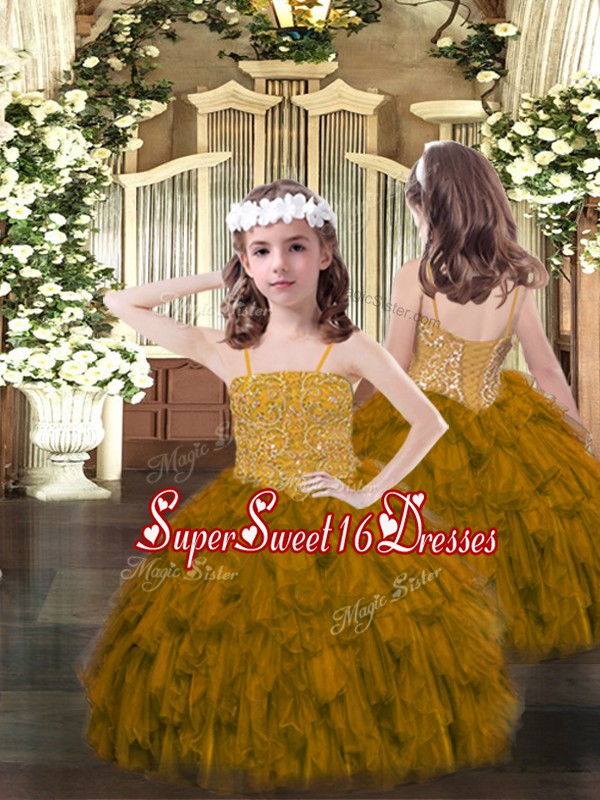  Brown Lace Up Little Girl Pageant Dress Beading and Ruffles Sleeveless Floor Length
