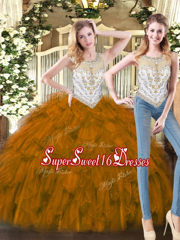 Luxurious Floor Length Brown Sweet 16 Quinceanera Dress Scoop Sleeveless Zipper