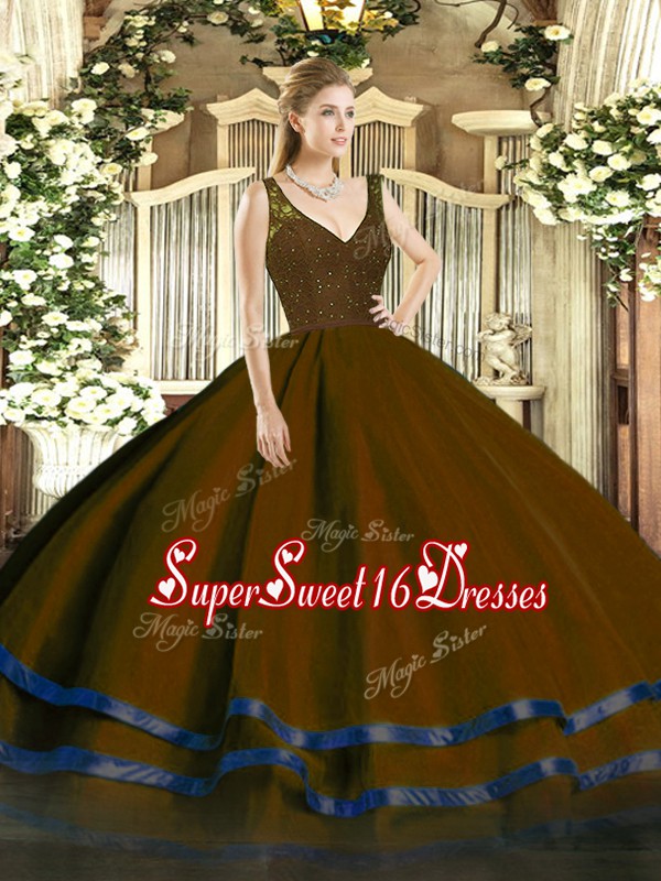  Ball Gowns Quinceanera Gowns Brown V-neck Organza Sleeveless Floor Length Backless