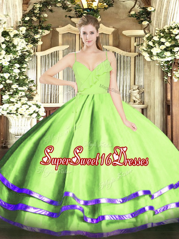 Yellow Green Sleeveless Ruffled Layers Floor Length Quince Ball Gowns