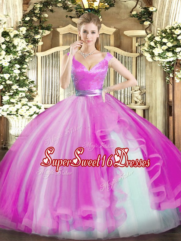  Fuchsia 15 Quinceanera Dress Military Ball and Sweet 16 and Quinceanera with Beading and Ruffles V-neck Sleeveless Zipper