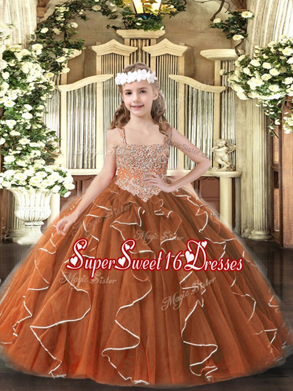 Wonderful Brown Pageant Dress Wholesale Party and Sweet 16 and Quinceanera and Wedding Party with Beading and Ruffles Straps Sleeveless Lace Up