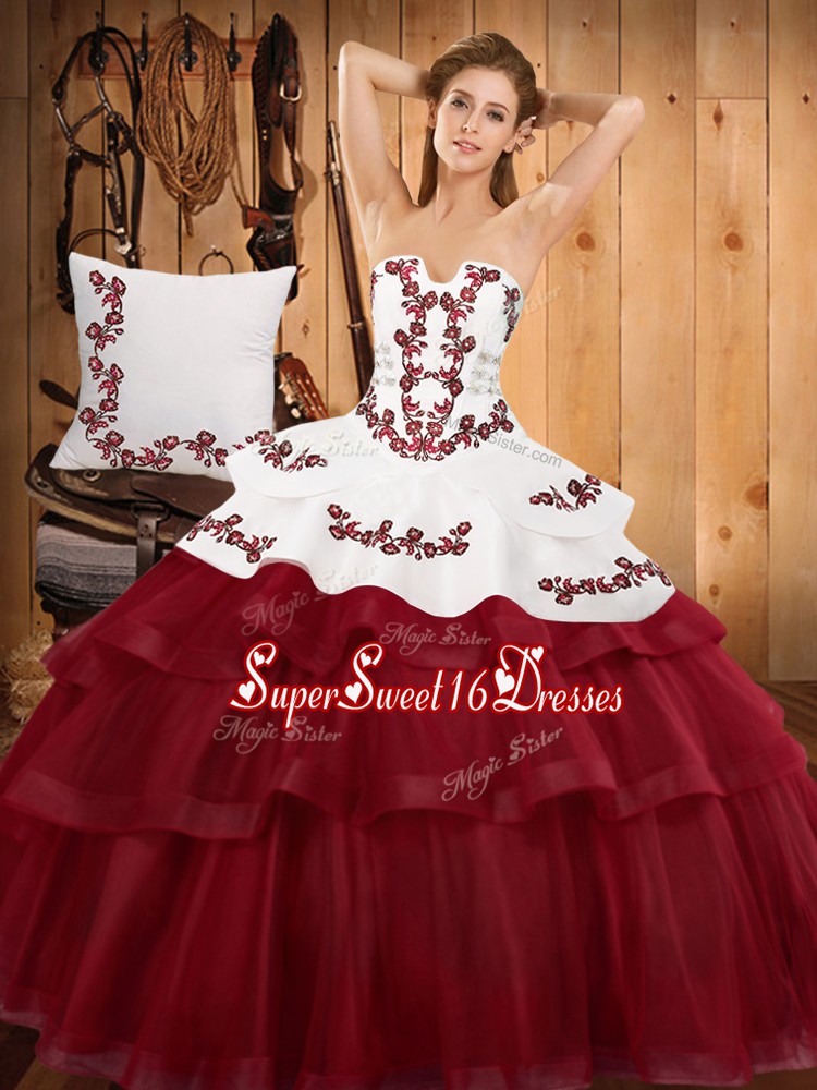  Burgundy Sleeveless Embroidery and Ruffled Layers Lace Up Quinceanera Gown