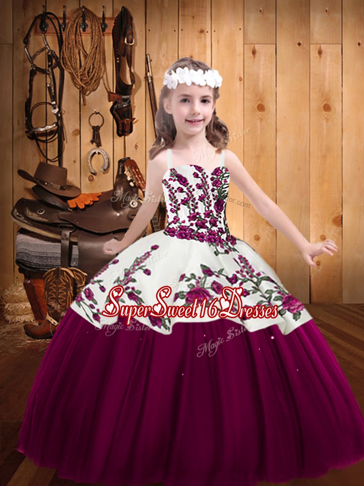 Luxurious Floor Length Fuchsia Child Pageant Dress Tulle Sleeveless Embroidery