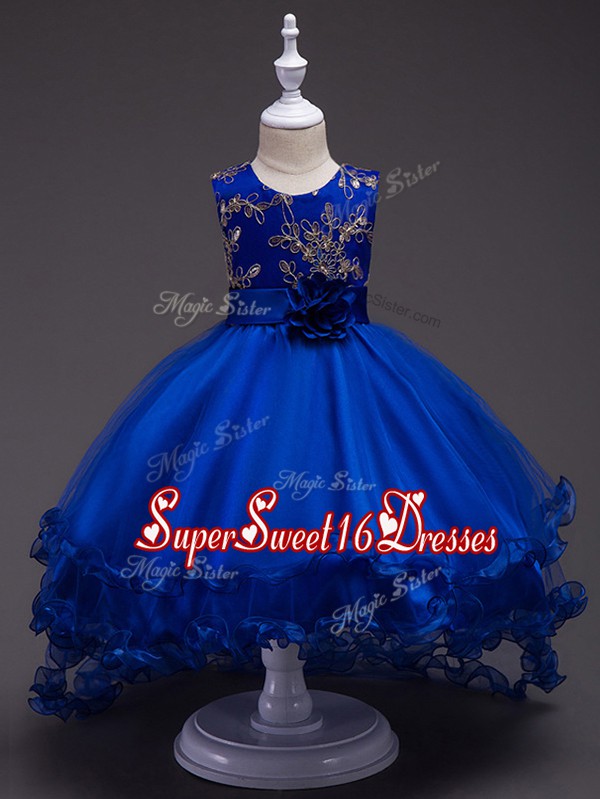 Elegant Royal Blue Ball Gowns Scoop Sleeveless Tulle High Low Zipper Appliques and Hand Made Flower Little Girl Pageant Gowns