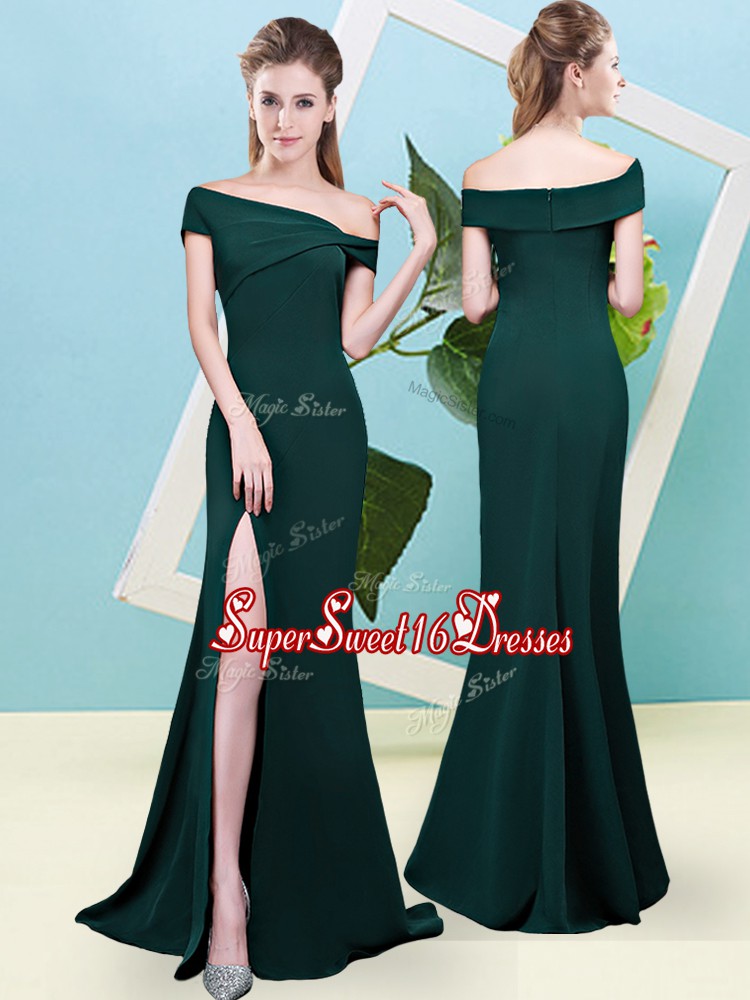 Discount Dark Green Mermaid Off The Shoulder Sleeveless Elastic Woven Satin Floor Length Zipper Ruching Dama Dress for Quinceanera