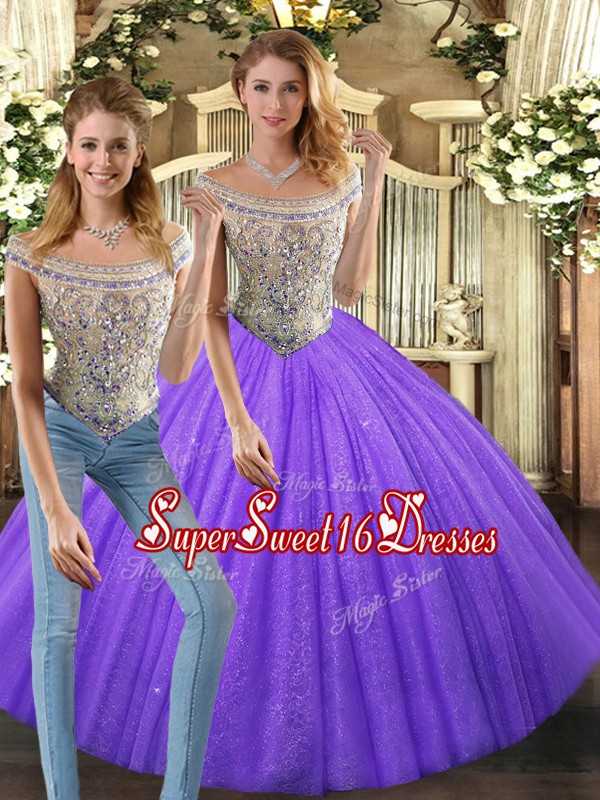 Hot Sale Floor Length Lace Up Quince Ball Gowns Eggplant Purple for Military Ball and Sweet 16 and Quinceanera with Beading