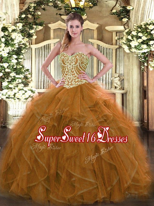 Brown Lace Up Sweet 16 Dresses Beading Sleeveless Floor Length