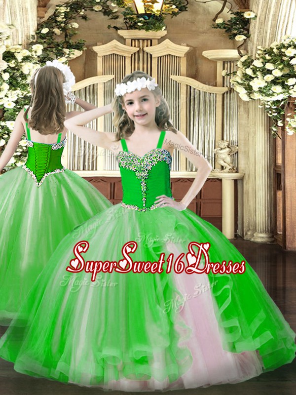  Straps Sleeveless Tulle Little Girl Pageant Gowns Beading Lace Up