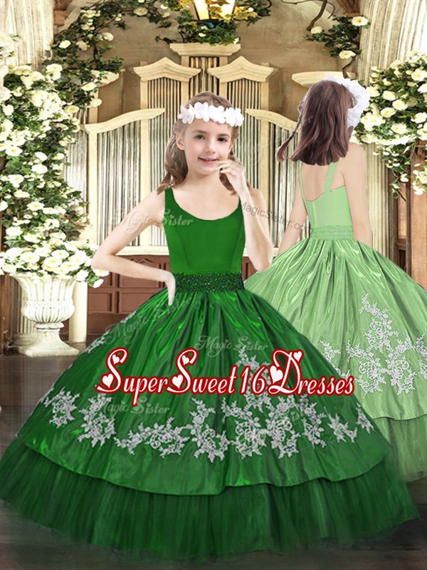 Perfect Dark Green Sleeveless Taffeta Zipper Little Girls Pageant Dress for Party and Quinceanera