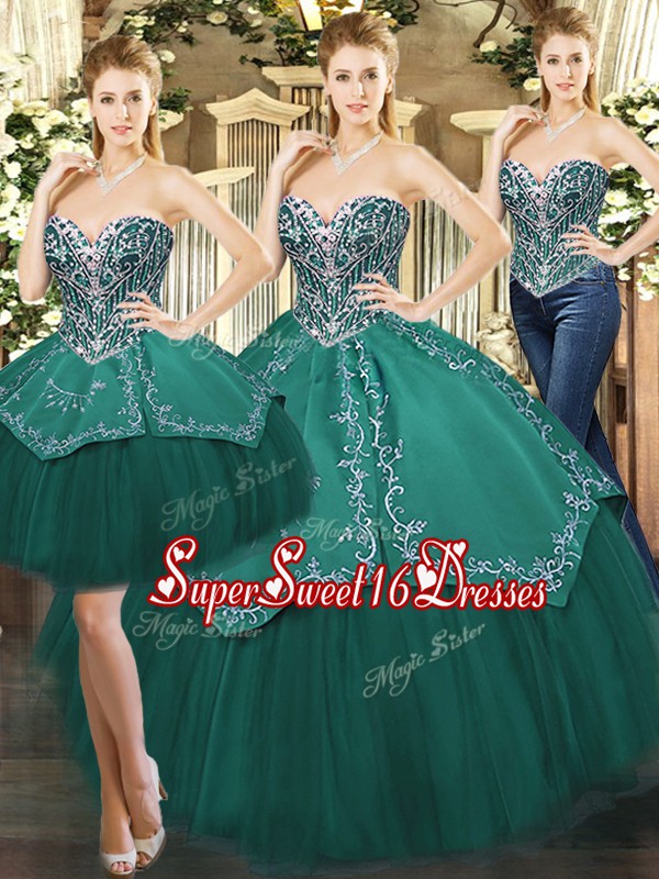 Enchanting Ball Gowns Ball Gown Prom Dress Dark Green Sweetheart Tulle Sleeveless Floor Length Lace Up