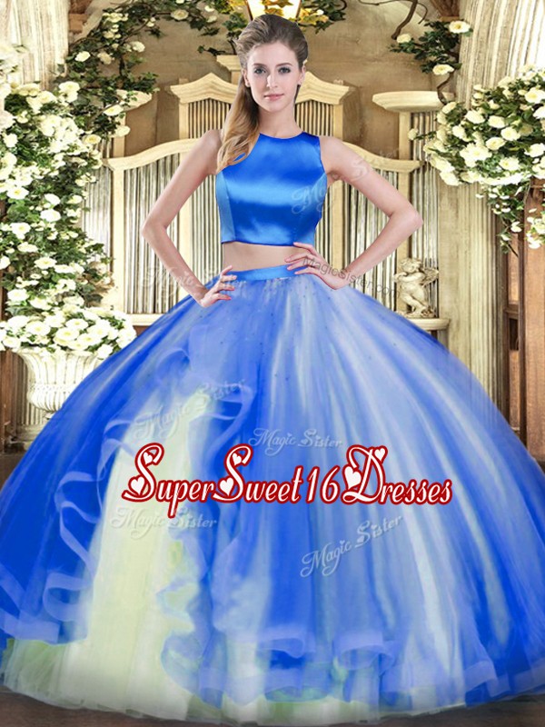 Most Popular Two Pieces Quince Ball Gowns Blue High-neck Tulle Sleeveless Floor Length Criss Cross