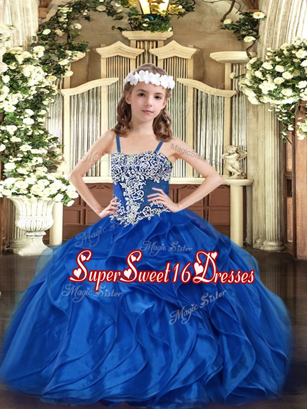 Lovely Appliques and Ruffles Little Girls Pageant Gowns Blue Lace Up Sleeveless Floor Length