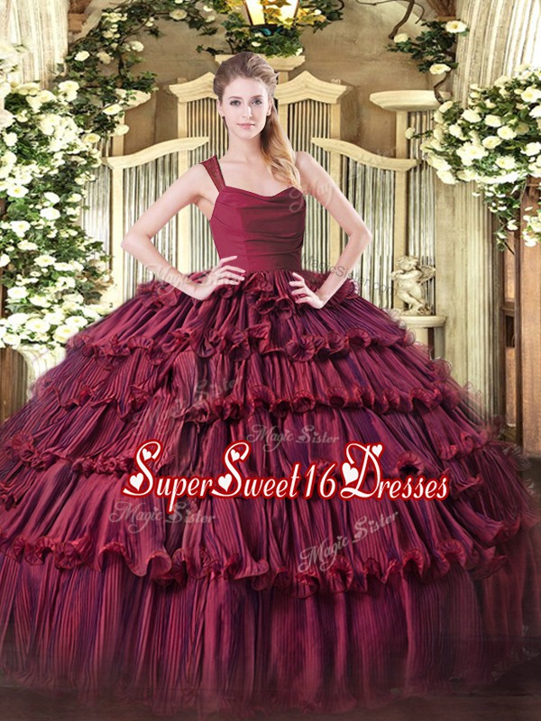 Extravagant Floor Length Zipper Sweet 16 Dress Burgundy for Sweet 16 and Quinceanera with Ruffled Layers