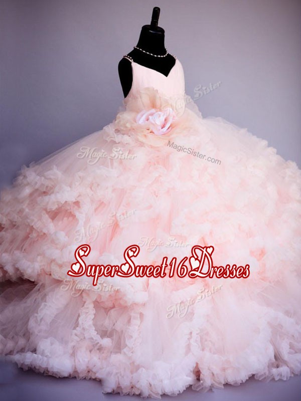 Gorgeous Baby Pink Ball Gowns Tulle Spaghetti Straps Sleeveless Ruffles and Hand Made Flower Criss Cross Girls Pageant Dresses Brush Train