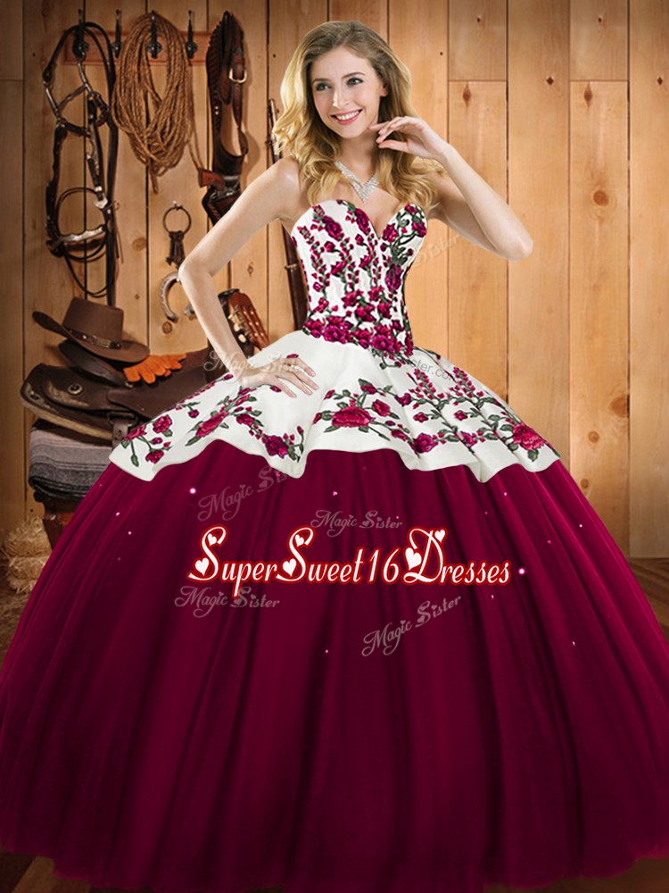  Burgundy Lace Up Sweetheart Embroidery Quinceanera Gown Satin and Tulle Sleeveless