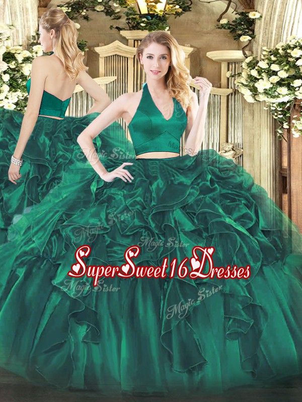 Graceful Dark Green Zipper Halter Top Ruffles 15th Birthday Dress Organza Sleeveless