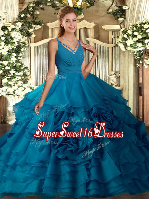  Teal Organza Side Zipper V-neck Sleeveless Floor Length Ball Gown Prom Dress Ruffled Layers