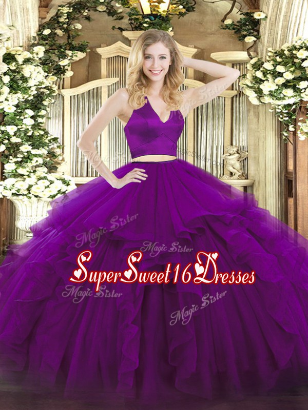 Edgy Halter Top Sleeveless Zipper Quinceanera Dresses Purple Organza