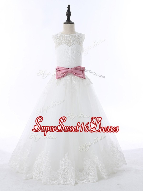  White Sleeveless Lace and Bowknot Floor Length Pageant Dress Wholesale