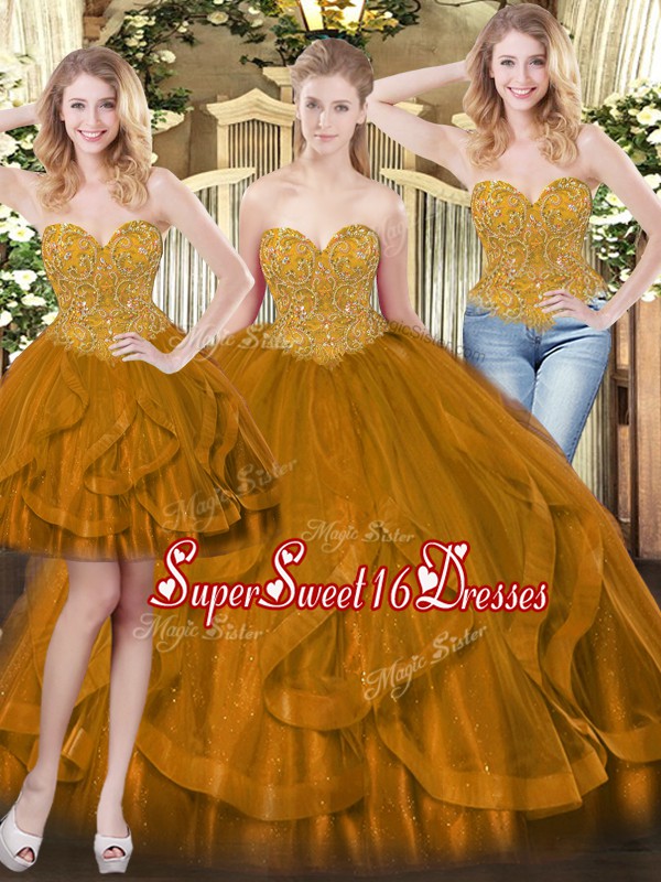  Brown Tulle Lace Up Sweetheart Sleeveless Floor Length Quince Ball Gowns Beading and Ruffles
