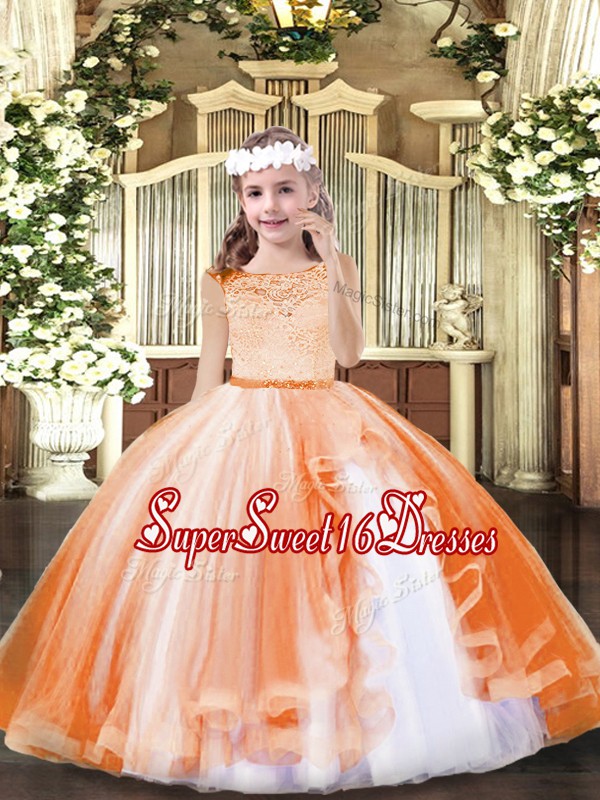  Floor Length Ball Gowns Sleeveless Orange Pageant Dress for Girls Zipper