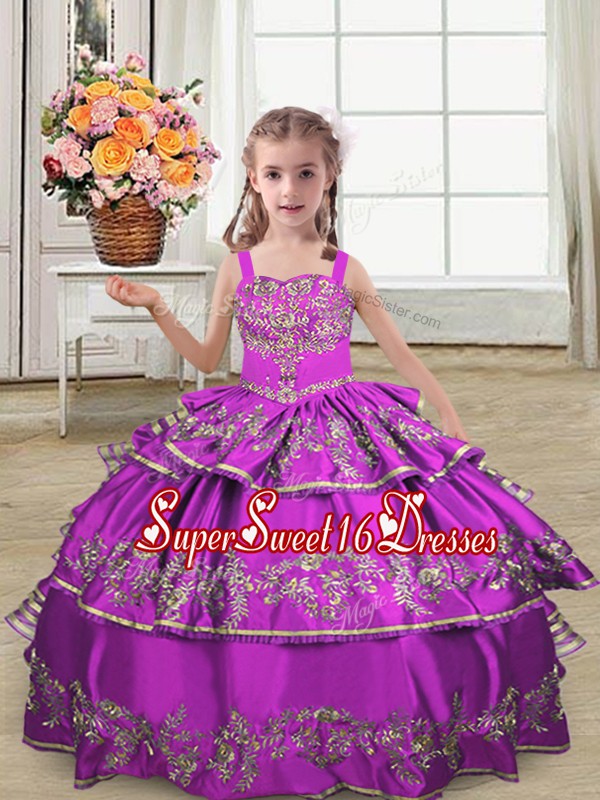 Super Purple Satin Lace Up Kids Formal Wear Sleeveless Floor Length Embroidery and Ruffled Layers