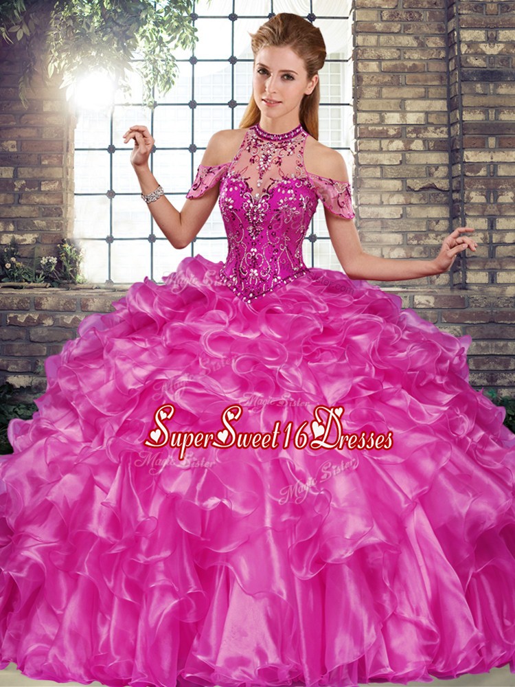  Beading and Ruffles Quinceanera Gowns Fuchsia Lace Up Sleeveless Floor Length