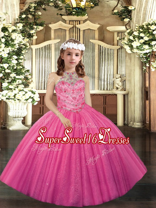  Floor Length Lace Up Little Girl Pageant Dress Hot Pink for Party and Wedding Party with Appliques